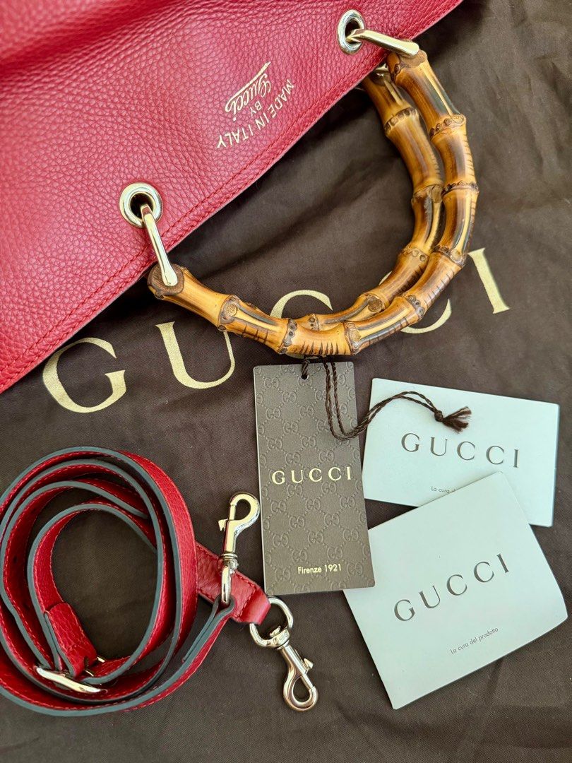 GUCCI Bamboo Handle Large Shopper Top Handle Tote with Crossbody Strap in Burgundy Cowhide