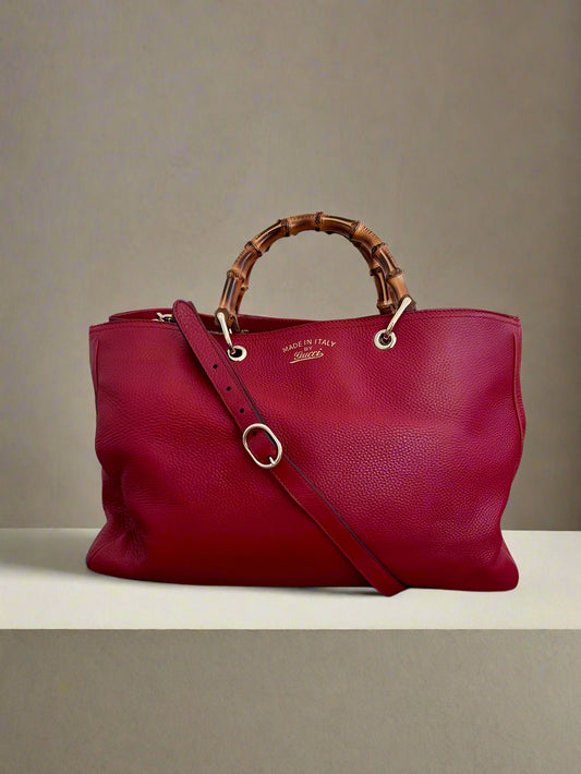 GUCCI Bamboo Handle Large Shopper Top Handle Tote with Crossbody Strap in Burgundy Cowhide
