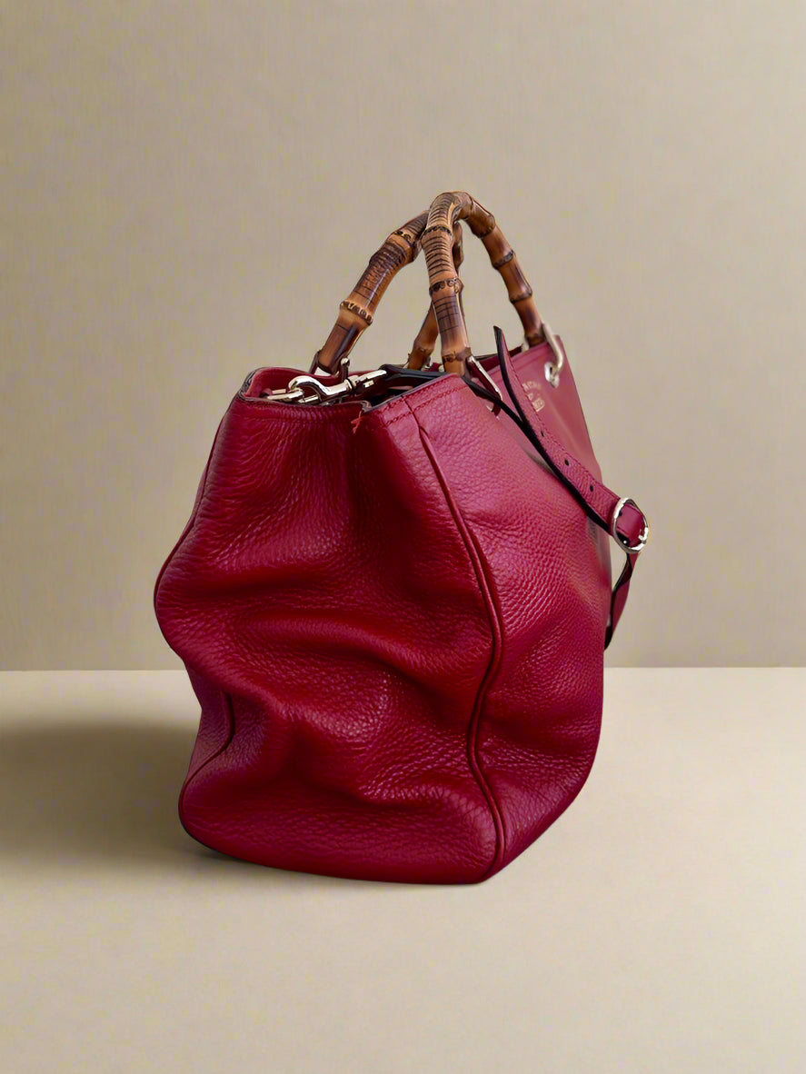 GUCCI Bamboo Handle Large Shopper Top Handle Tote with Crossbody Strap in Burgundy Cowhide