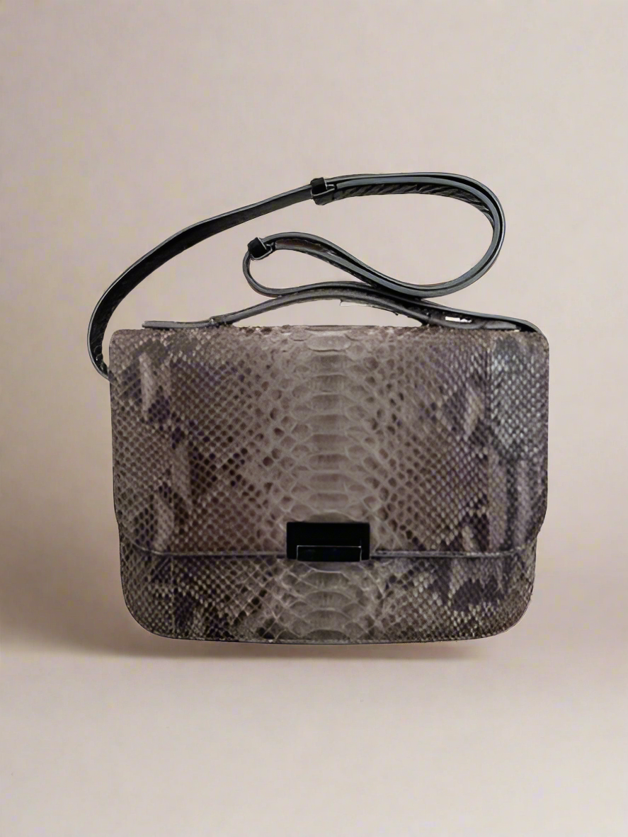 LINGWU Exotic Snake Skin Shoulder Bag Black Brass Hardware