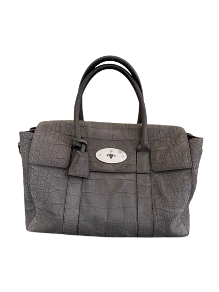 MULBERRY Bayswater in Gray Crocodile Embossed Suede Leather Silver Hardware