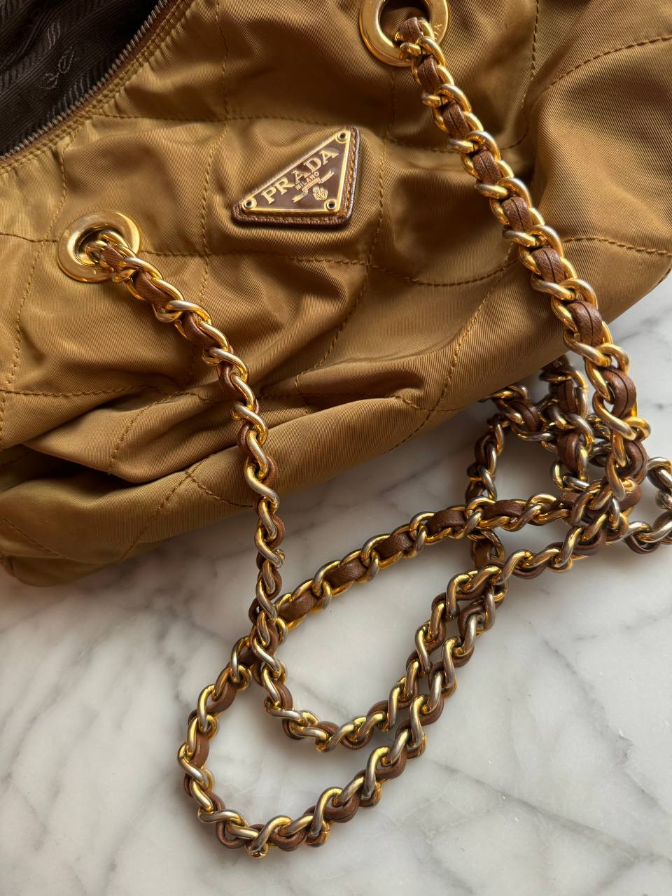 PRADA Gold Quilted Nylon Tote Bag with Gold Chain Shoulder Strap (Vintage)