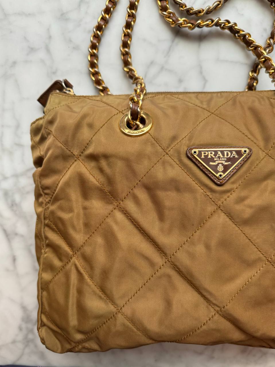 PRADA Gold Quilted Nylon Tote Bag with Gold Chain Shoulder Strap (Vintage)