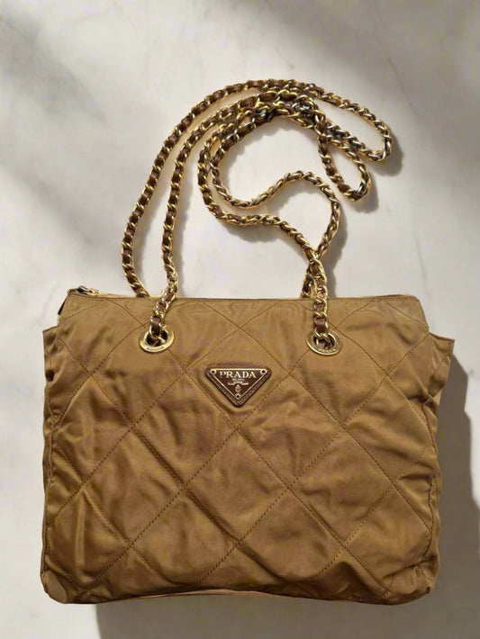 PRADA Gold Quilted Nylon Tote Bag with Gold Chain Shoulder Strap (Vintage)