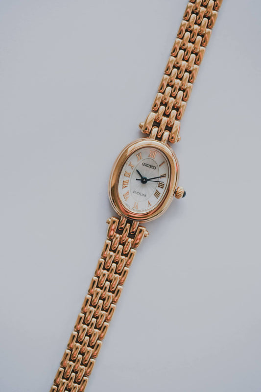 Seiko Exceline ladies oval dress watch yellow gold panther bracelet full view Japan domestic