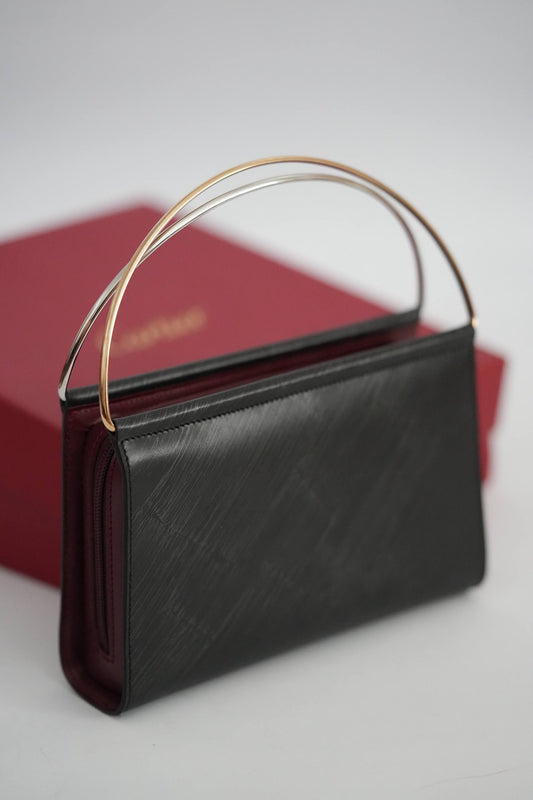 Cartier Trinity top-handle clutch black textured leather two-tone gold arched handle with original red Cartier box full set