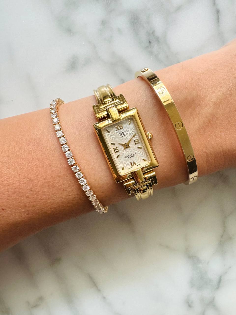 Givenchy Vintage 1990s Gold-Plated Bangle Watch with White Dial