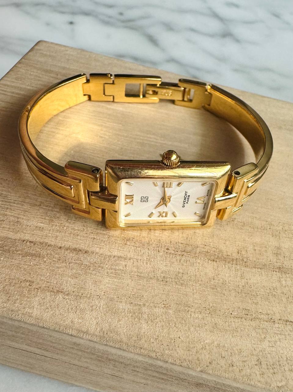 Givenchy Vintage 1990s Gold-Plated Bangle Watch with White Dial