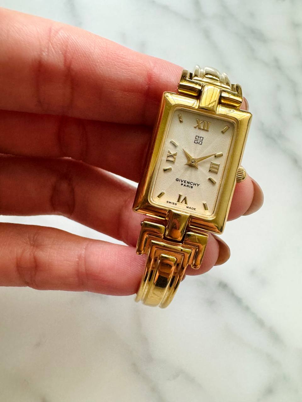 Givenchy Vintage 1990s Gold-Plated Bangle Watch with White Dial