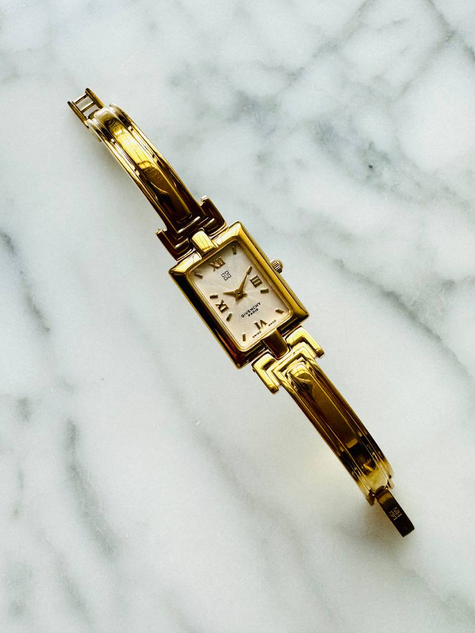 Givenchy Vintage 1990s Gold-Plated Bangle Watch with White Dial