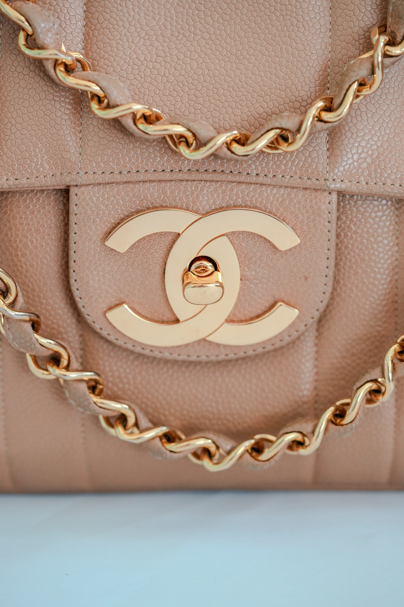 CHANEL 1994 - 1996 Vintage Beige Caviar Vertical Classic Flap Jumbo Bag with 24K Gold Hardware