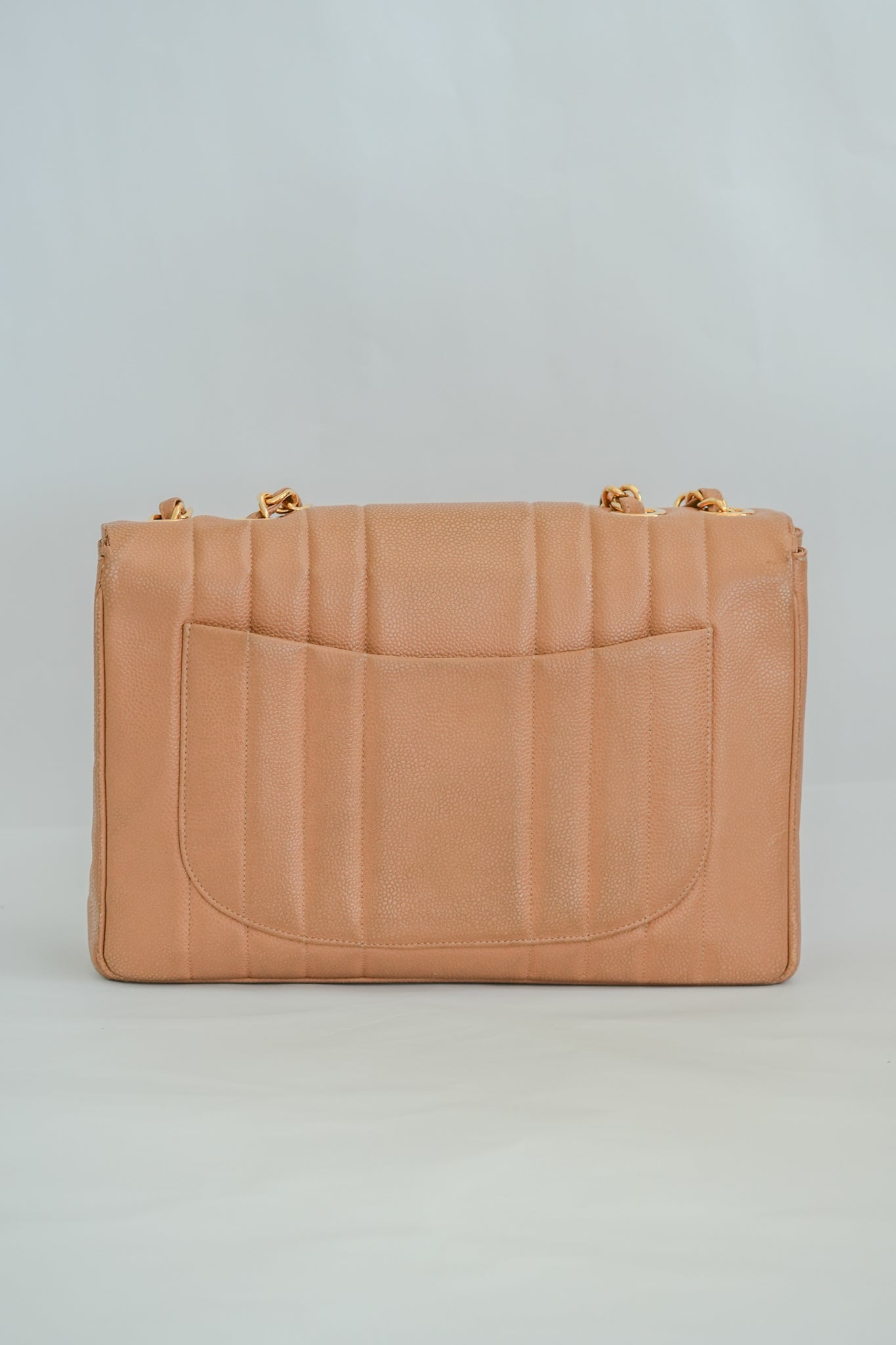 CHANEL 1994 - 1996 Vintage Beige Caviar Vertical Classic Flap Jumbo Bag with 24K Gold Hardware