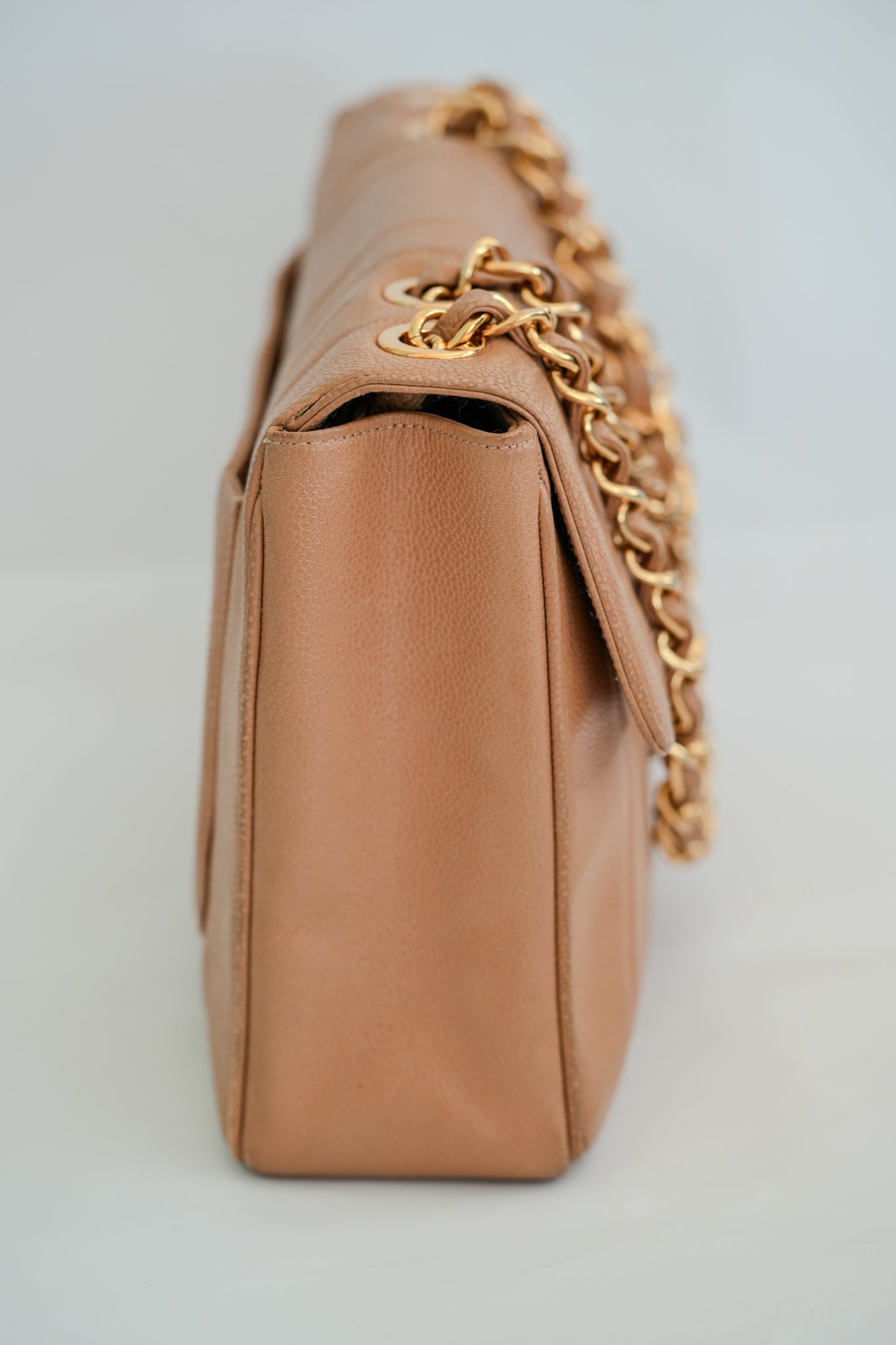 CHANEL 1994 - 1996 Vintage Beige Caviar Vertical Classic Flap Jumbo Bag with 24K Gold Hardware