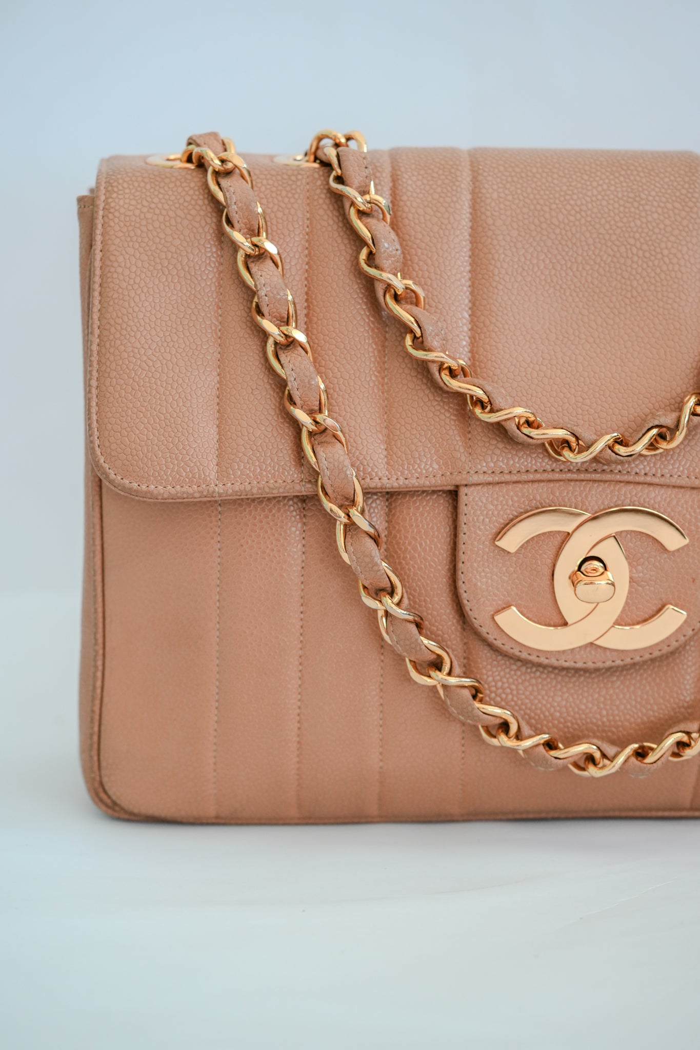 CHANEL 1994 - 1996 Vintage Beige Caviar Vertical Classic Flap Jumbo Bag with 24K Gold Hardware