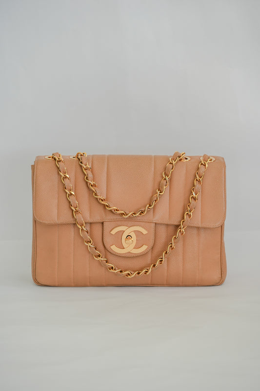 CHANEL 1994 - 1996 Vintage Beige Caviar Vertical Classic Flap Jumbo Bag with 24K Gold Hardware