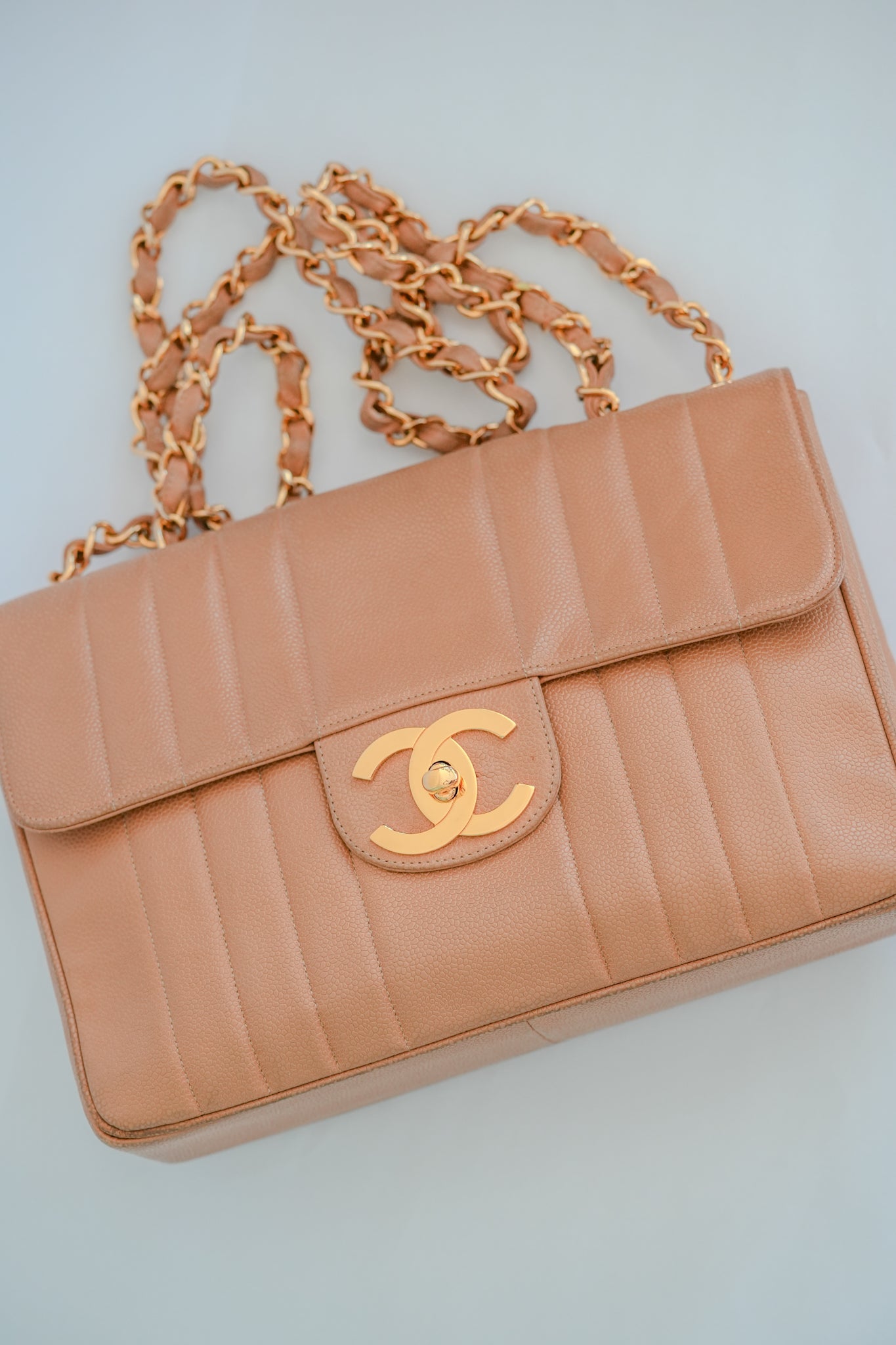 CHANEL 1994 - 1996 Vintage Beige Caviar Vertical Classic Flap Jumbo Bag with 24K Gold Hardware