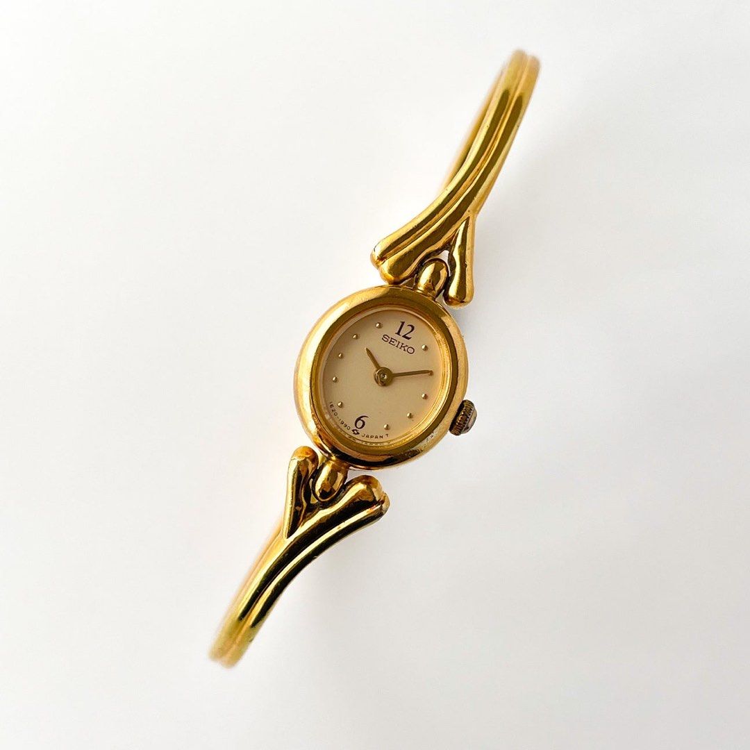 SEIKO Dainty 1990s Gold-Plated Wish Bone Ladies Quartz Watch With Semi Bangle Bracelet