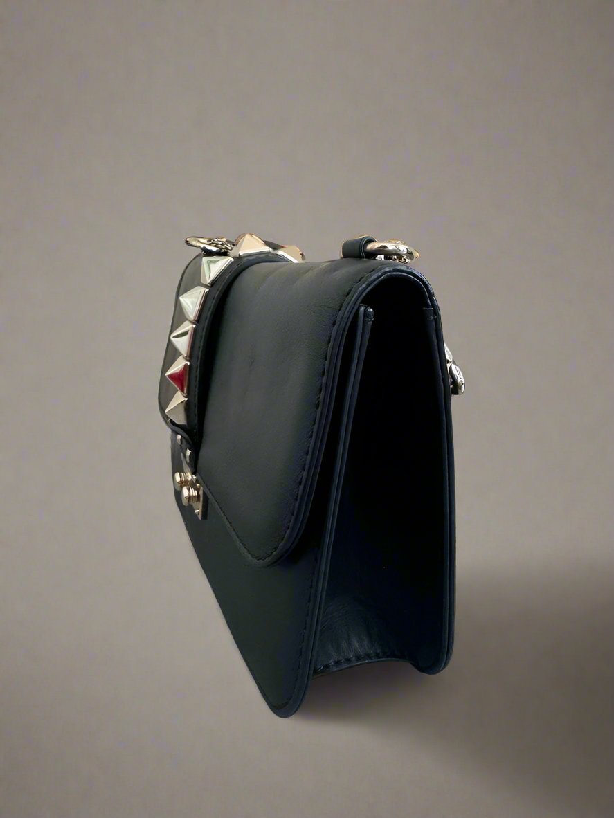 VALENTINO GARAVANI Rockstud Glam Lock Bag in Black Smooth Leather Medium Size