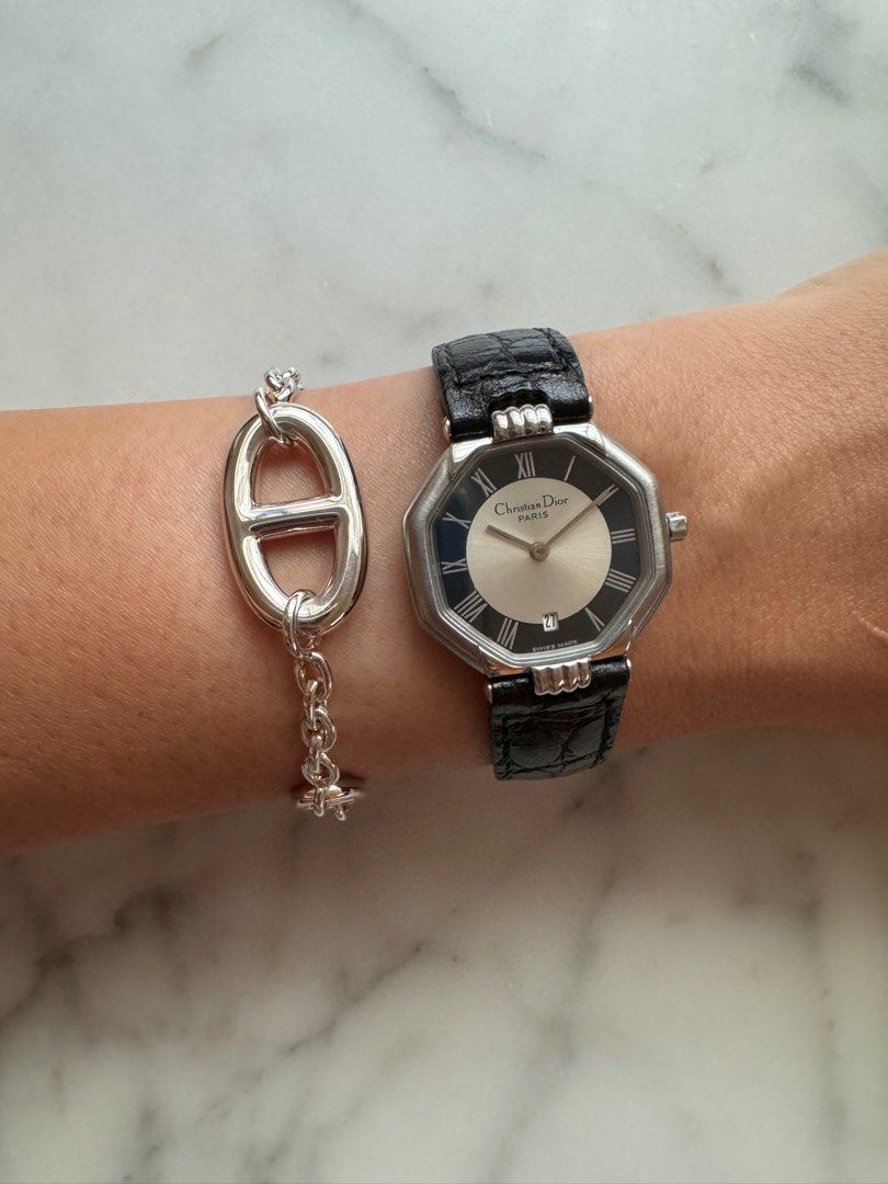CHRISTIAN DIOR 1990s Silver Octagon Black Leather Strap Unisex Watch (Vintage)