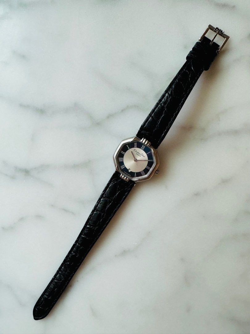 CHRISTIAN DIOR 1990s Silver Octagon Black Leather Strap Unisex Watch (Vintage)