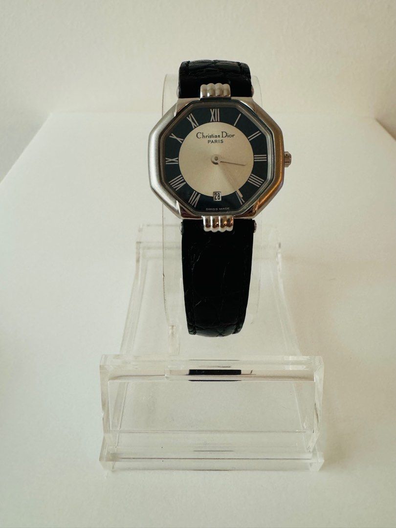 CHRISTIAN DIOR 1990s Silver Octagon Black Leather Strap Unisex Watch (Vintage)