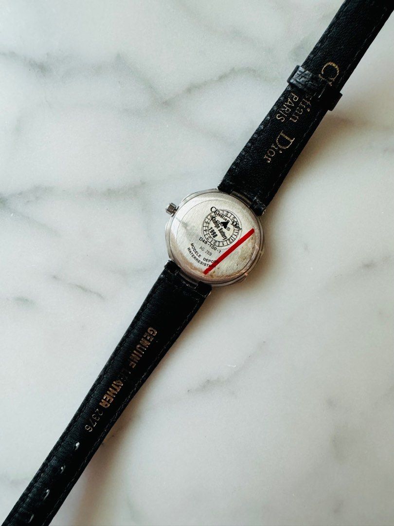CHRISTIAN DIOR 1990s Silver Octagon Black Leather Strap Unisex Watch (Vintage)