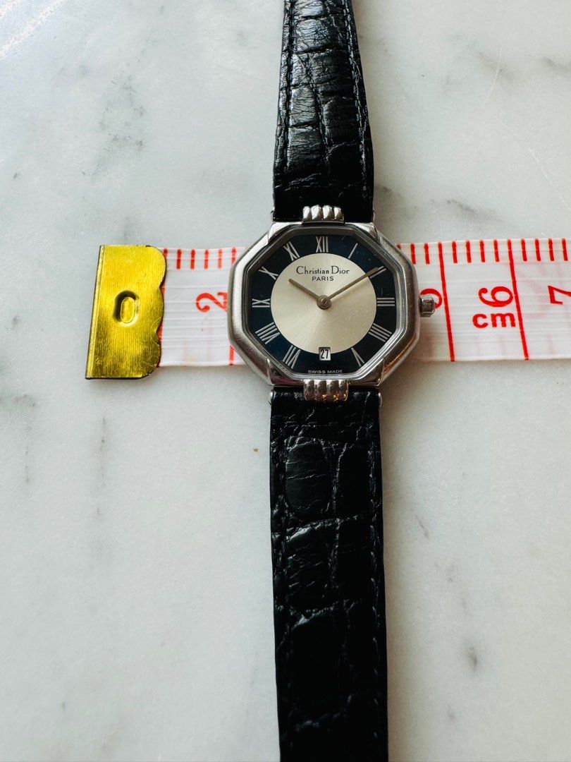 CHRISTIAN DIOR 1990s Silver Octagon Black Leather Strap Unisex Watch (Vintage)
