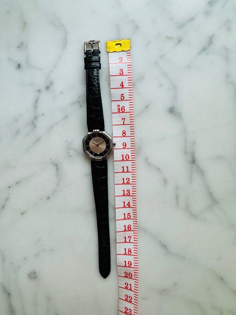 CHRISTIAN DIOR 1990s Silver Octagon Black Leather Strap Unisex Watch (Vintage)